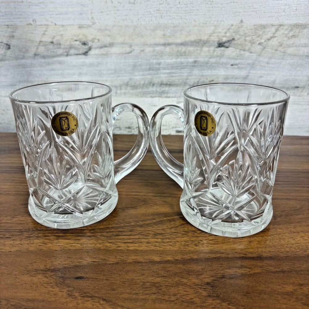Vintage Paul Sebastian Crystal Diamond Cut Glass Mugs with Handle 12 oz Lot of 2